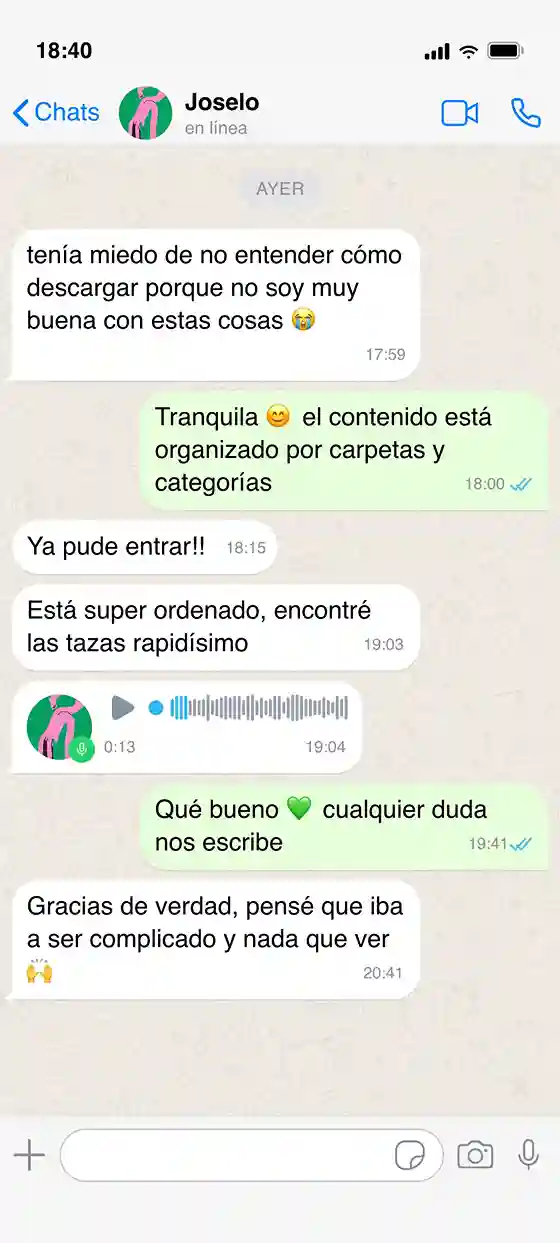 Captura de WhatsApp: clienta encontró las tazas rapidísimo gracias a las carpetas organizadas