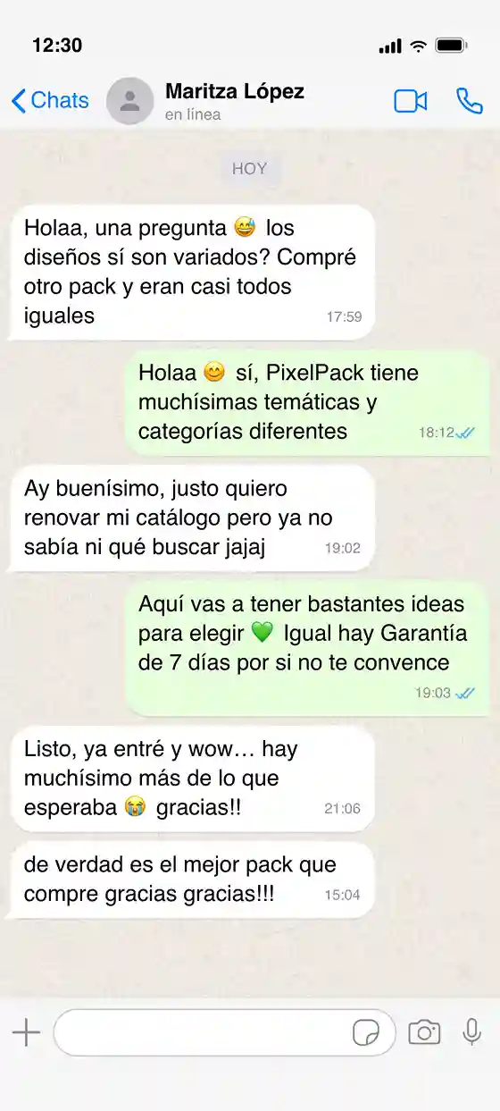 Captura de WhatsApp: clienta confirma la variedad de temáticas y categorías de PixelPack