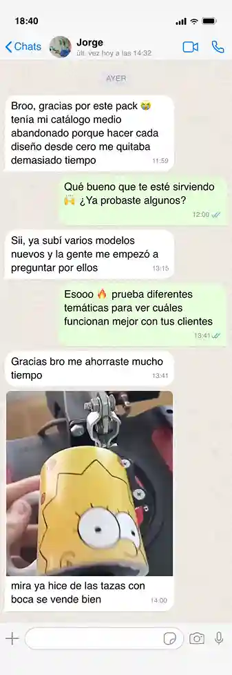 Captura de WhatsApp: cliente renovó su catálogo y ahorró tiempo con los diseños de PixelPack