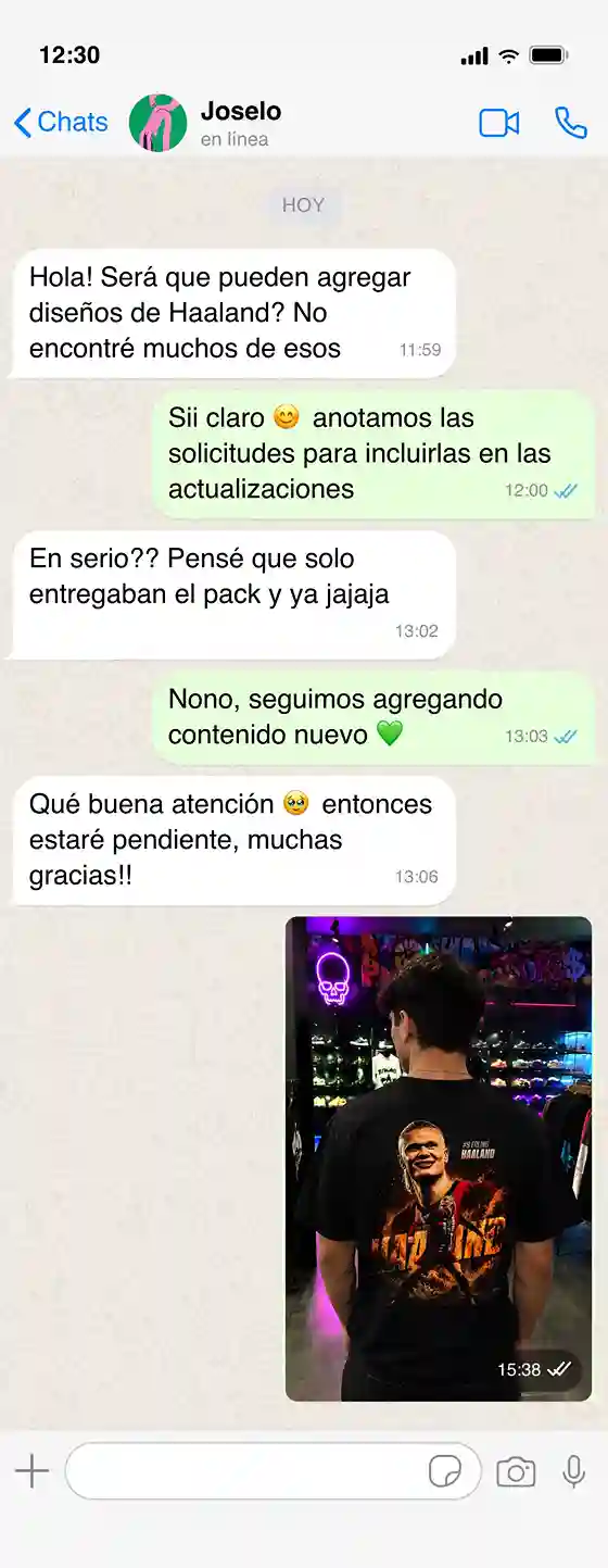 Captura de WhatsApp: cliente pide una temática nueva y se incluye en las actualizaciones